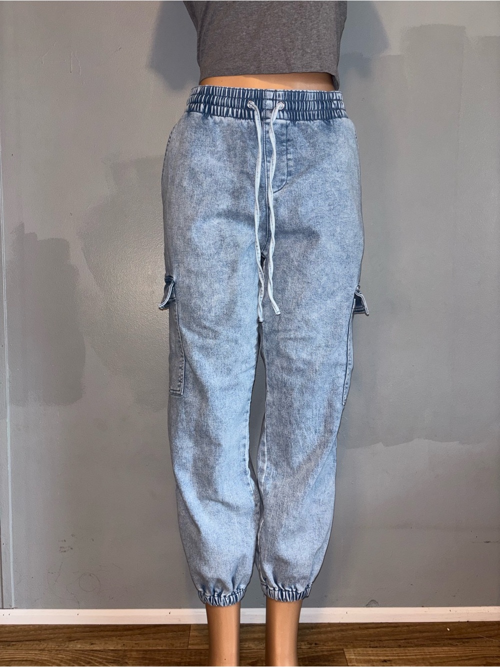 No Boundaries Acid Wash Light Blue Cargo Jogger Jeans